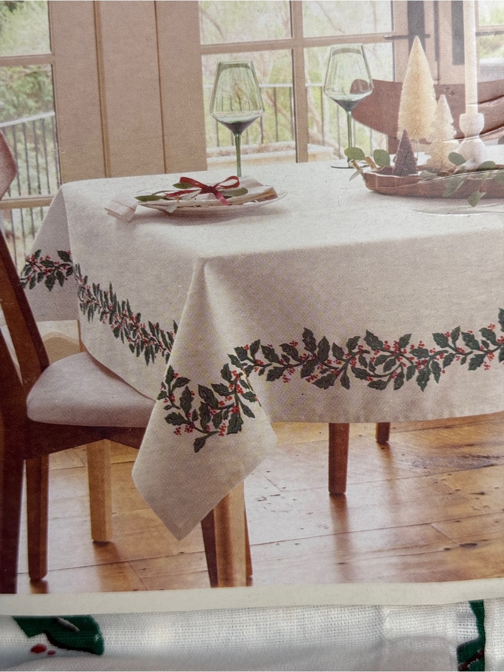 Threshold White Tablecloth with Green Holly Border and Red Berries